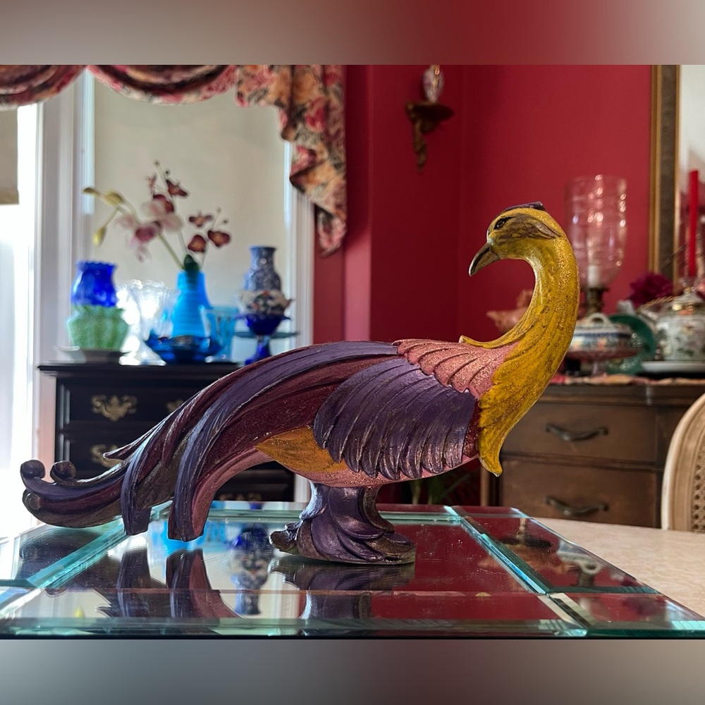 MCM Hand-painted Syroco Hollywood Regency Peacock Statues- Stunning Pair